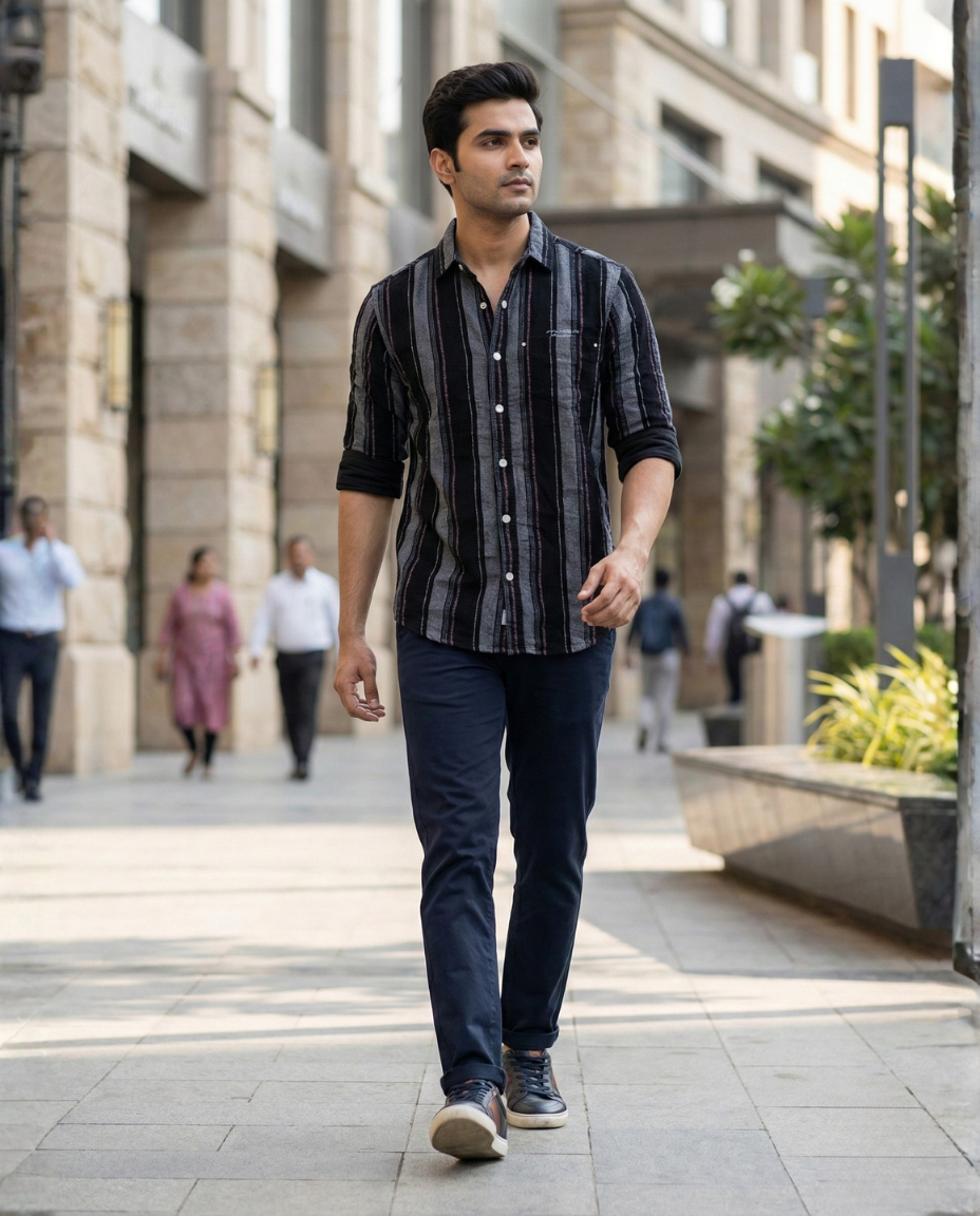 Men’s Black Vertical Stripe Corduroy Shirt with Subtle Contrast Detailing | Premium Casual Wear