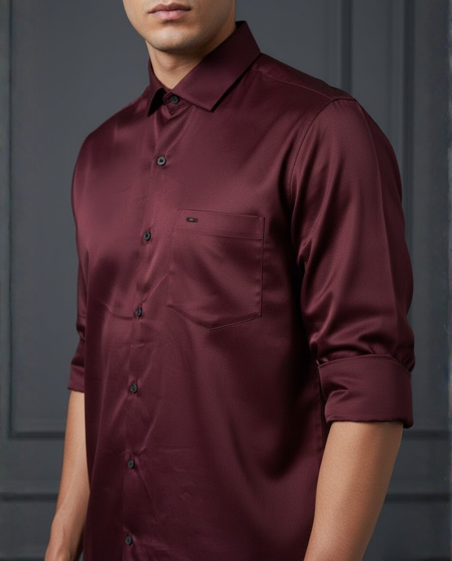 Men’s Maroon Satin-Finish Solid Shirt with Sharp Tailoring | Premium Evening & Formal Wear