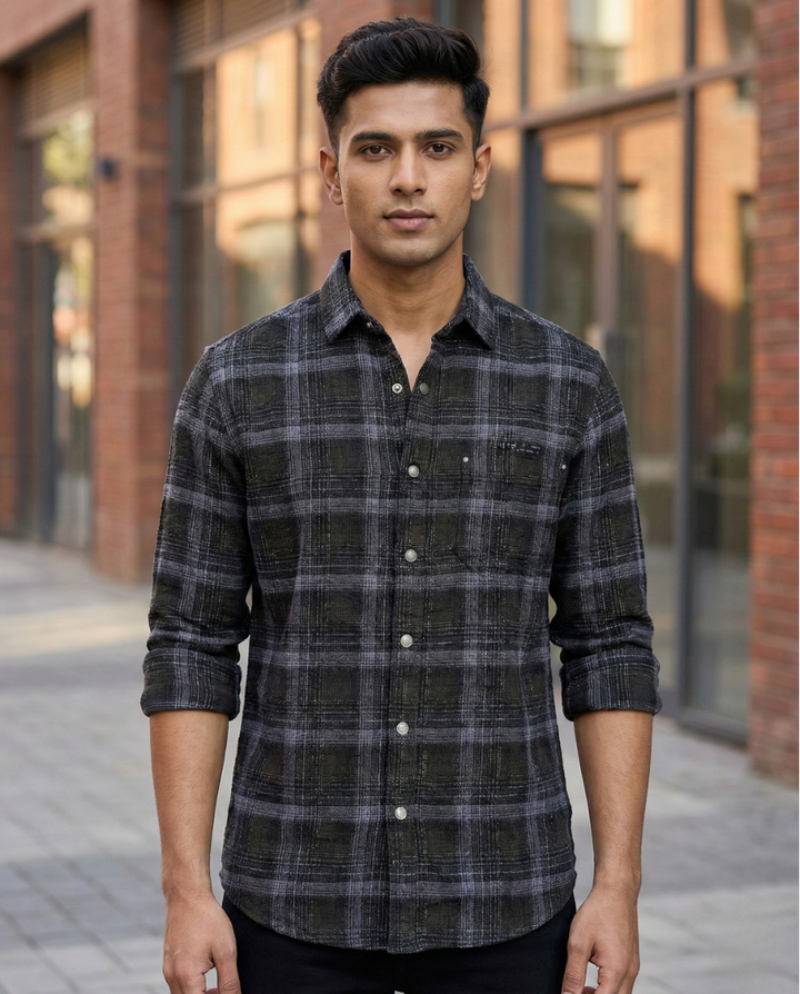 Men’s Charcoal Grey Checked Shirt with Refined Texture | Premium Casual & Smart Wear