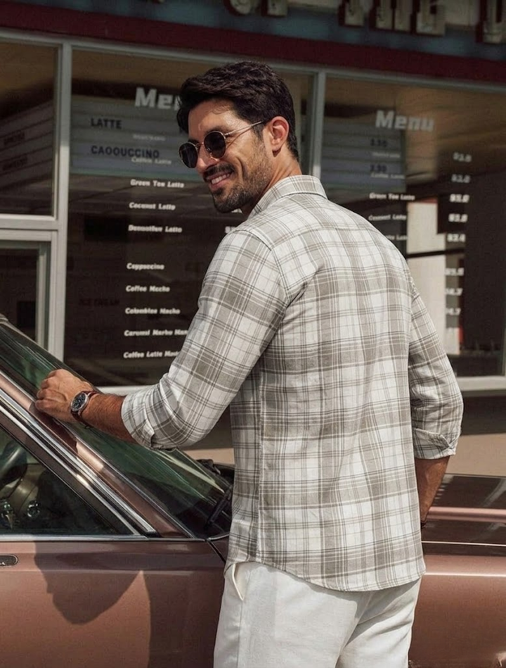 Men’s Grey Checked Cotton Linen Casual Shirt