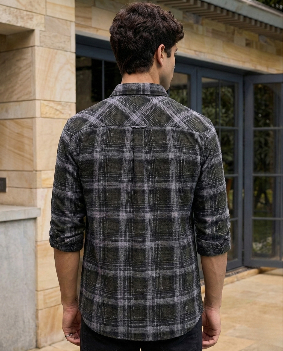 Men’s Charcoal Grey Checked Shirt with Refined Texture | Premium Casual & Smart Wear