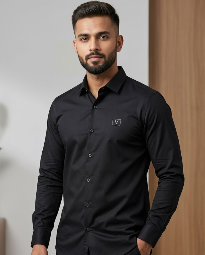 Men’s Black Satin Solid Shirt with Premium Sheen