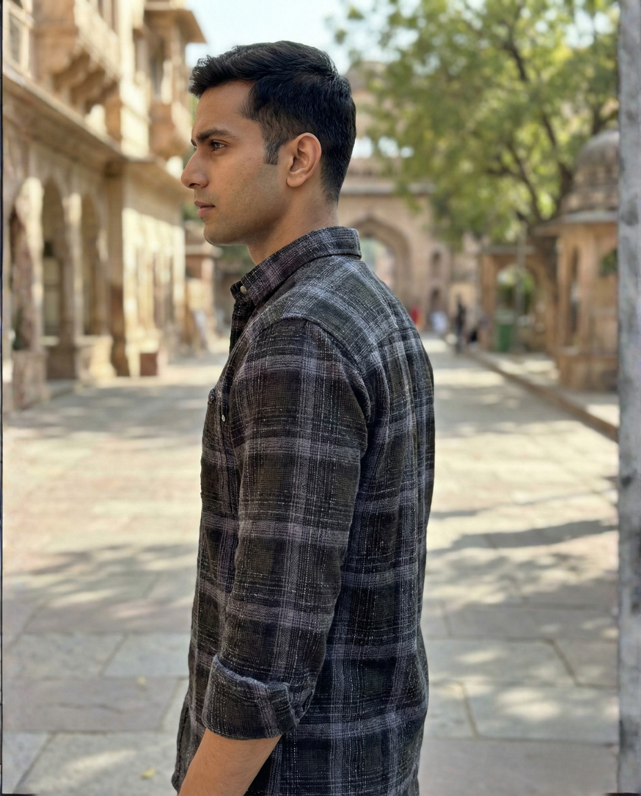 Men’s Charcoal Grey Checked Shirt with Refined Texture | Premium Casual & Smart Wear