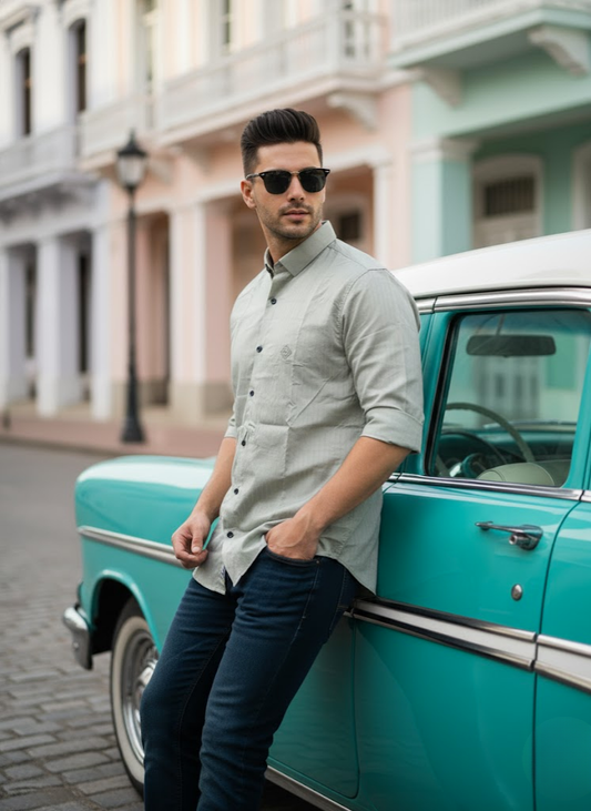 Men’s Elegant Olive Green Solid Striped  Shirt