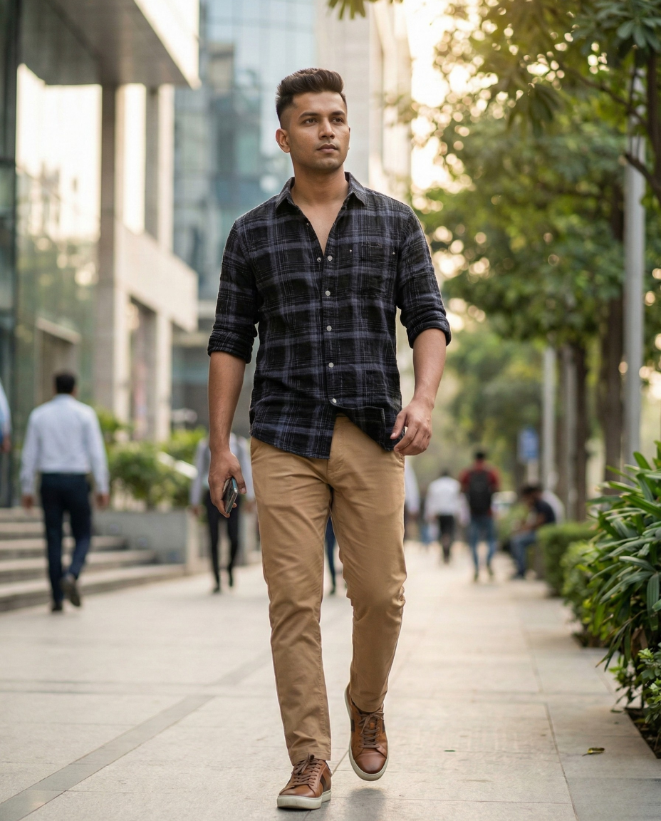 Men’s Charcoal Grey Checked Shirt with Refined Texture | Premium Casual & Smart Wear