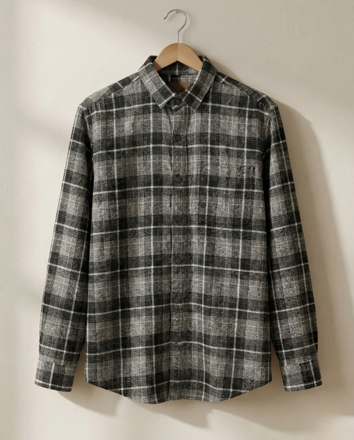 Men’s Ash Grey Checkered Shirt with Clean Structure | Premium Everyday Style