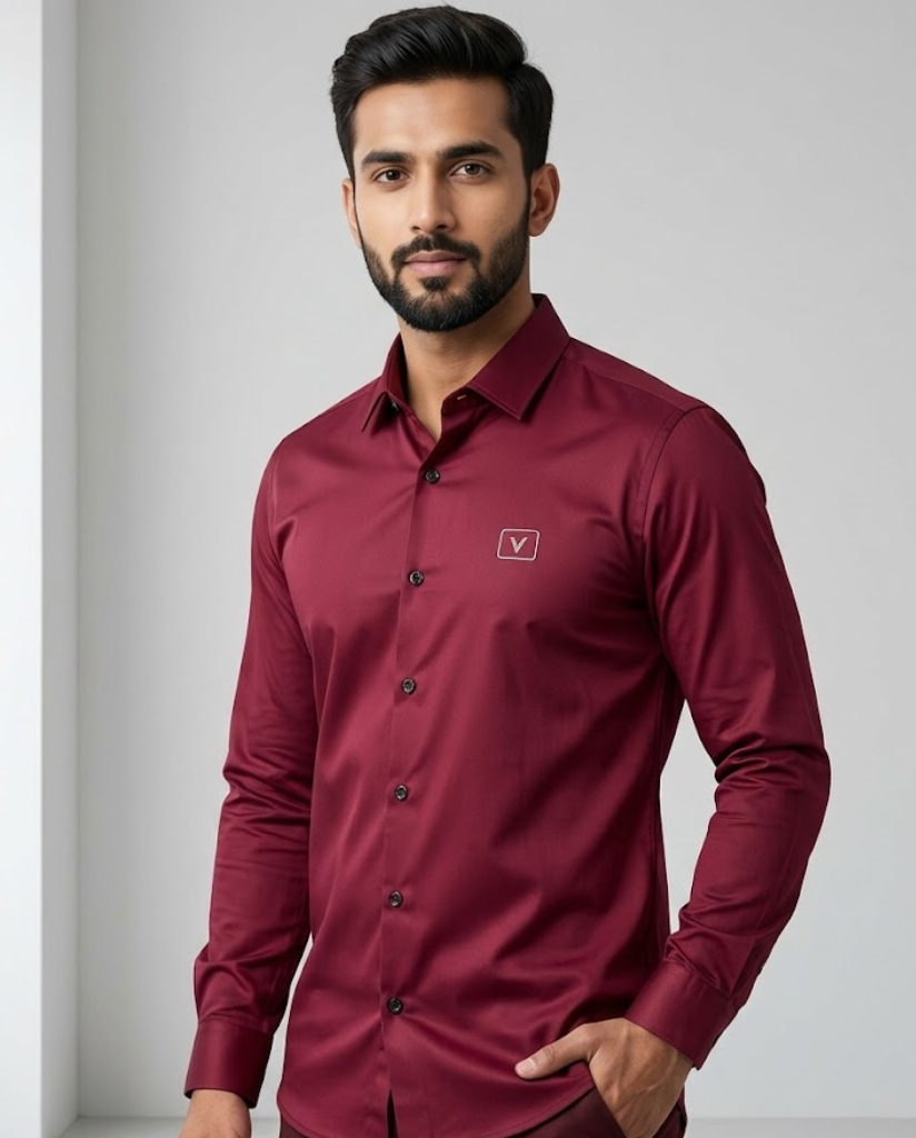 Men’s Wine Satin Shirt with Premium Gloss Finish
