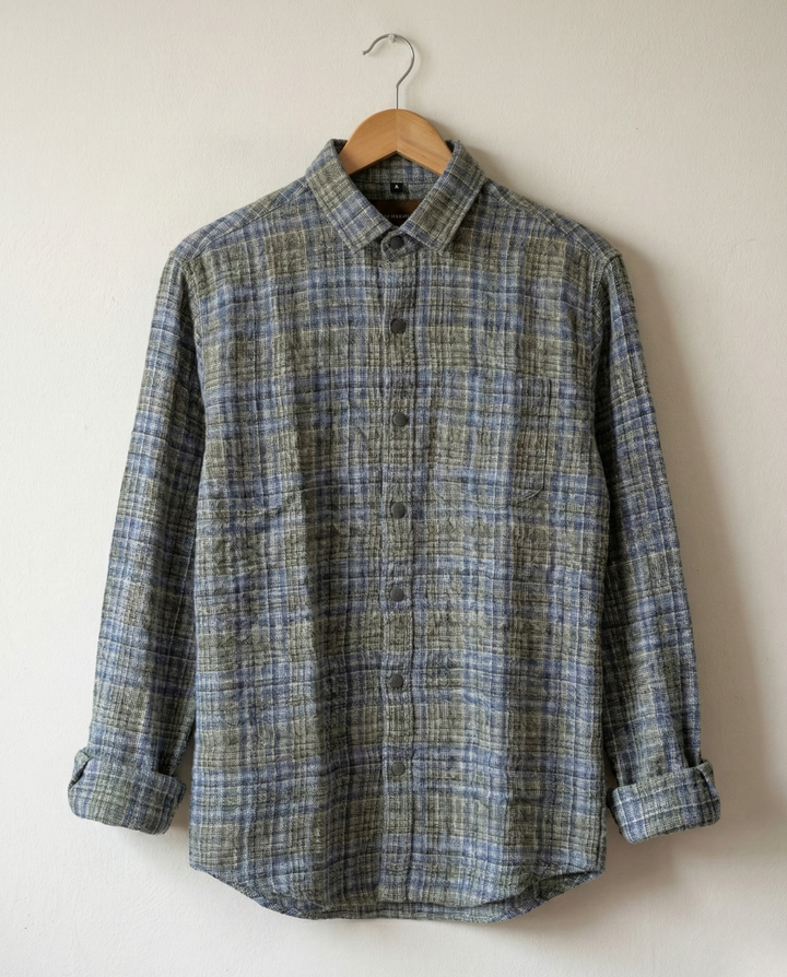Men’s Muted Blue Check Shirt with Textured Finish | Premium Everyday Wear