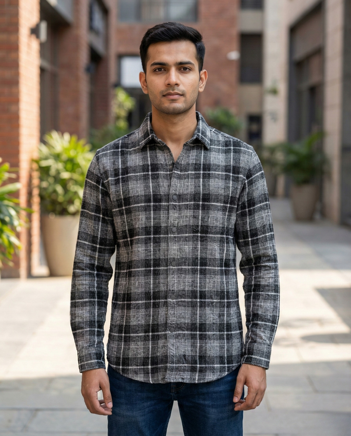 Men’s Ash Grey Checkered Shirt with Clean Structure | Premium Everyday Style