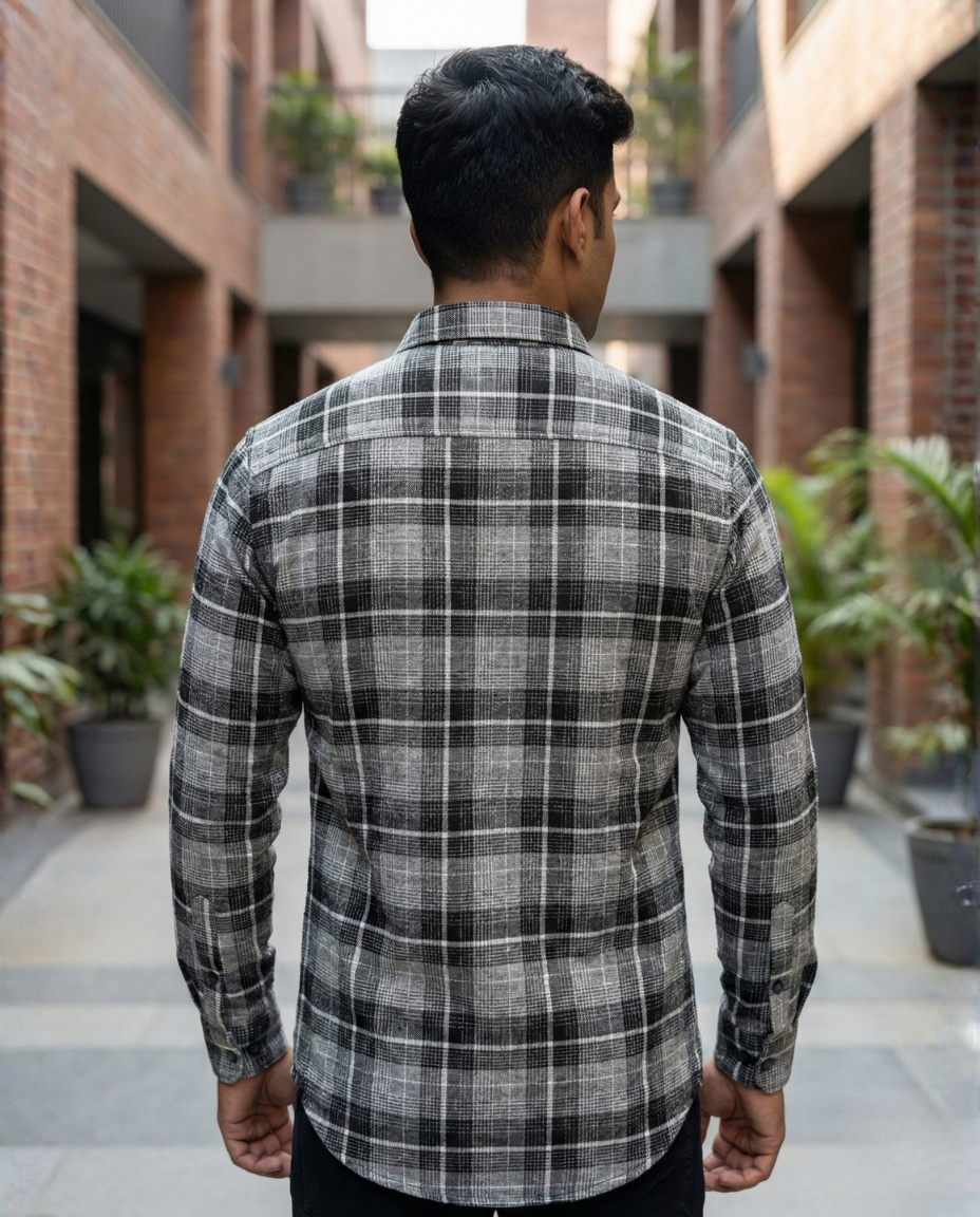 Men’s Ash Grey Checkered Shirt with Clean Structure | Premium Everyday Style