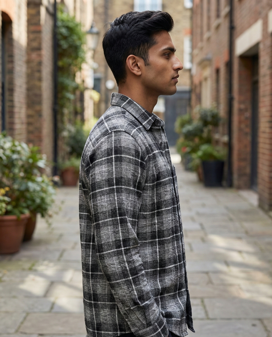 Men’s Ash Grey Checkered Shirt with Clean Structure | Premium Everyday Style