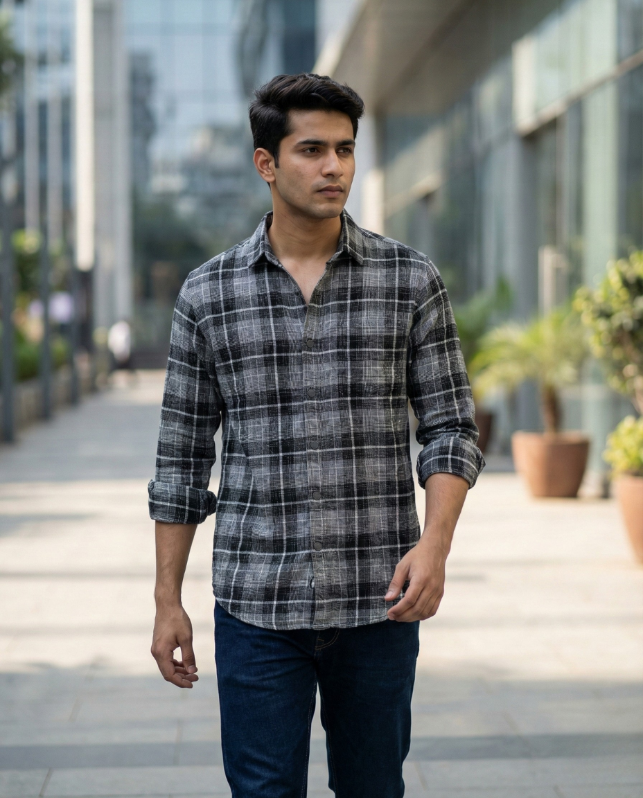 Men’s Ash Grey Checkered Shirt with Clean Structure | Premium Everyday Style