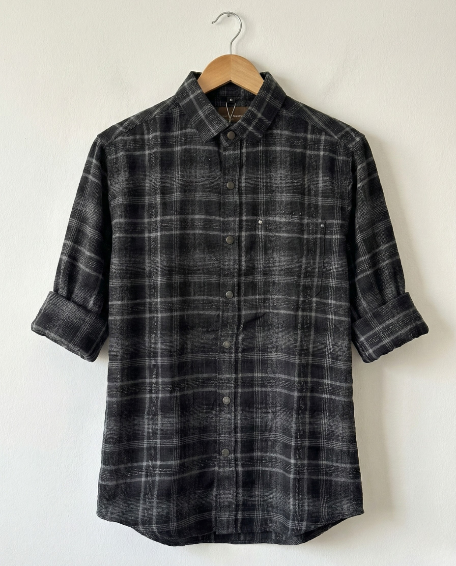 Men’s Charcoal Black Checked Shirt with Soft Feel | Premium Casual Essential