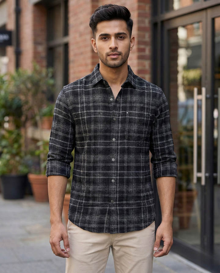 Men’s Charcoal Black Checked Shirt with Soft Feel | Premium Casual Essential