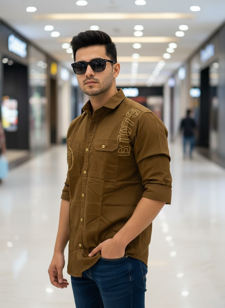 Men’s Double Pocket Brown Cotton Stylish Casual Shirt