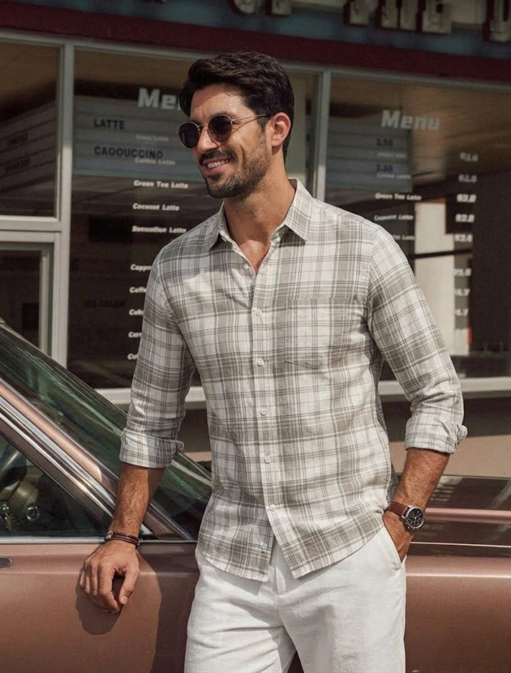 Men’s Grey Checked Cotton Linen Casual Shirt