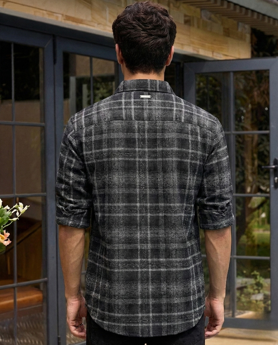 Men’s Charcoal Black Checked Shirt with Soft Feel | Premium Casual Essential