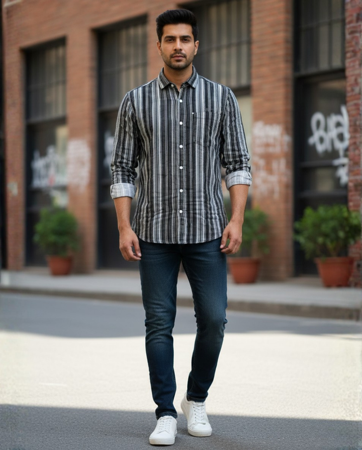 Men’s Black Corduroy Vertical Stripe Shirt with Tonal Detailing | Premium Modern Casual Wear