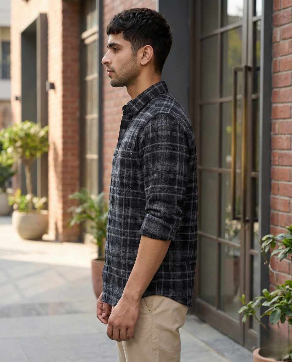 Men’s Charcoal Black Checked Shirt with Soft Feel | Premium Casual Essential