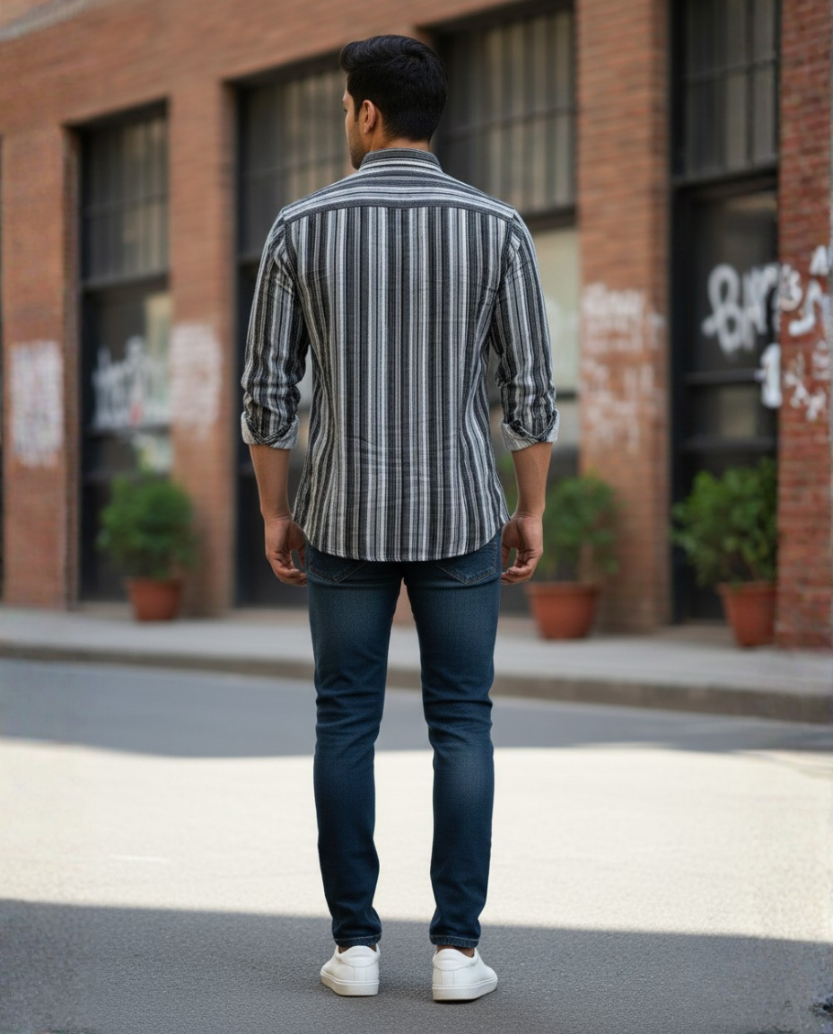 Men’s Black Corduroy Vertical Stripe Shirt with Tonal Detailing | Premium Modern Casual Wear
