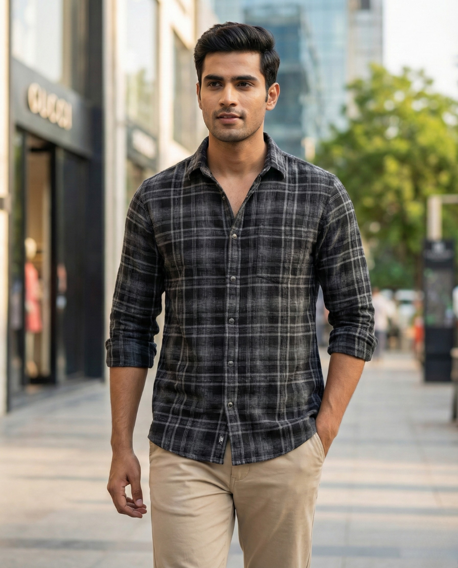 Men’s Charcoal Black Checked Shirt with Soft Feel | Premium Casual Essential
