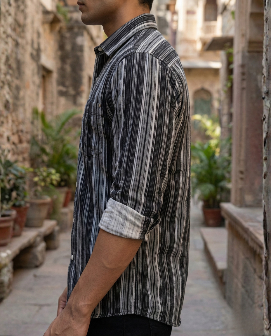 Men’s Black Corduroy Vertical Stripe Shirt with Tonal Detailing | Premium Modern Casual Wear