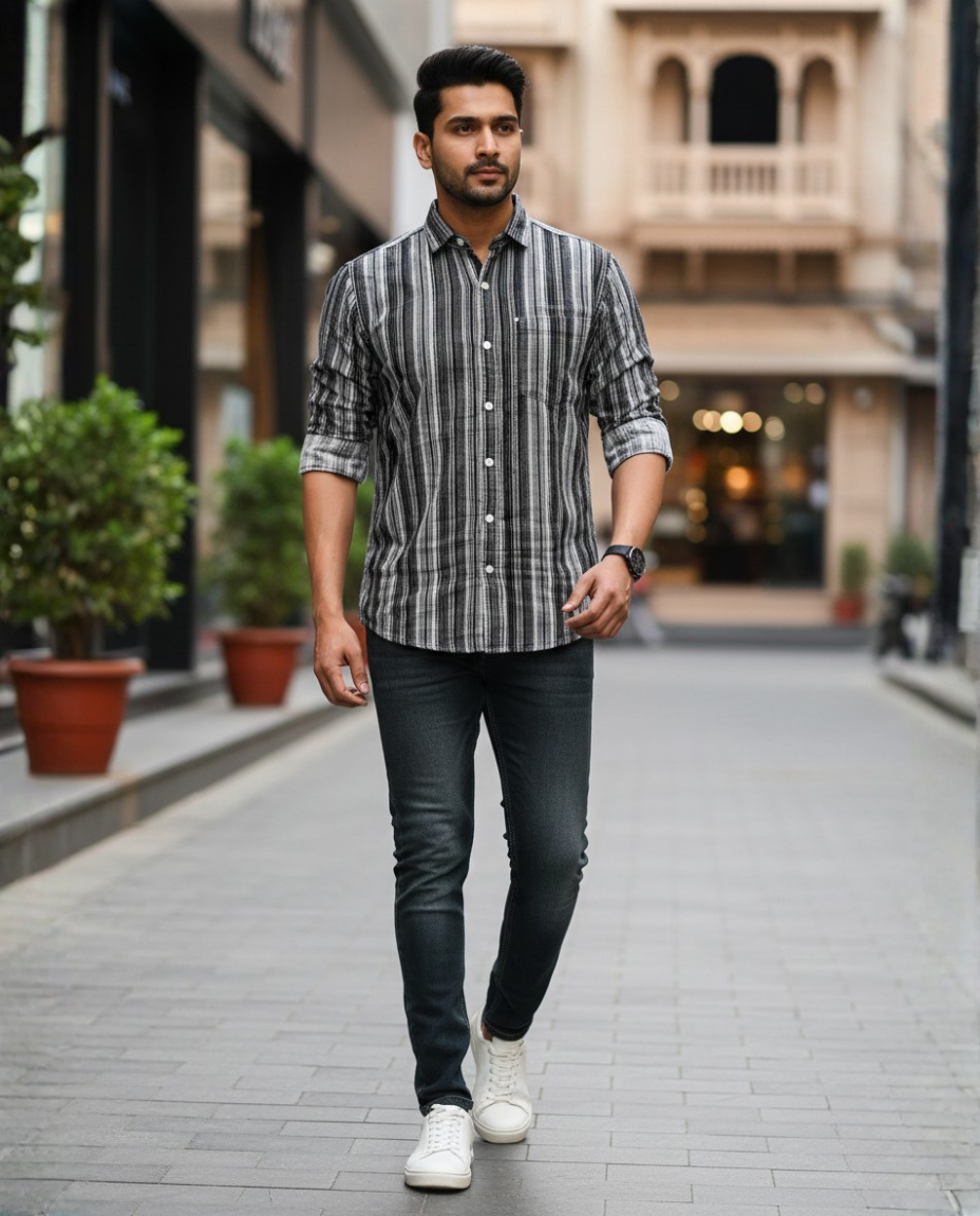 Men’s Black Corduroy Vertical Stripe Shirt with Tonal Detailing | Premium Modern Casual Wear