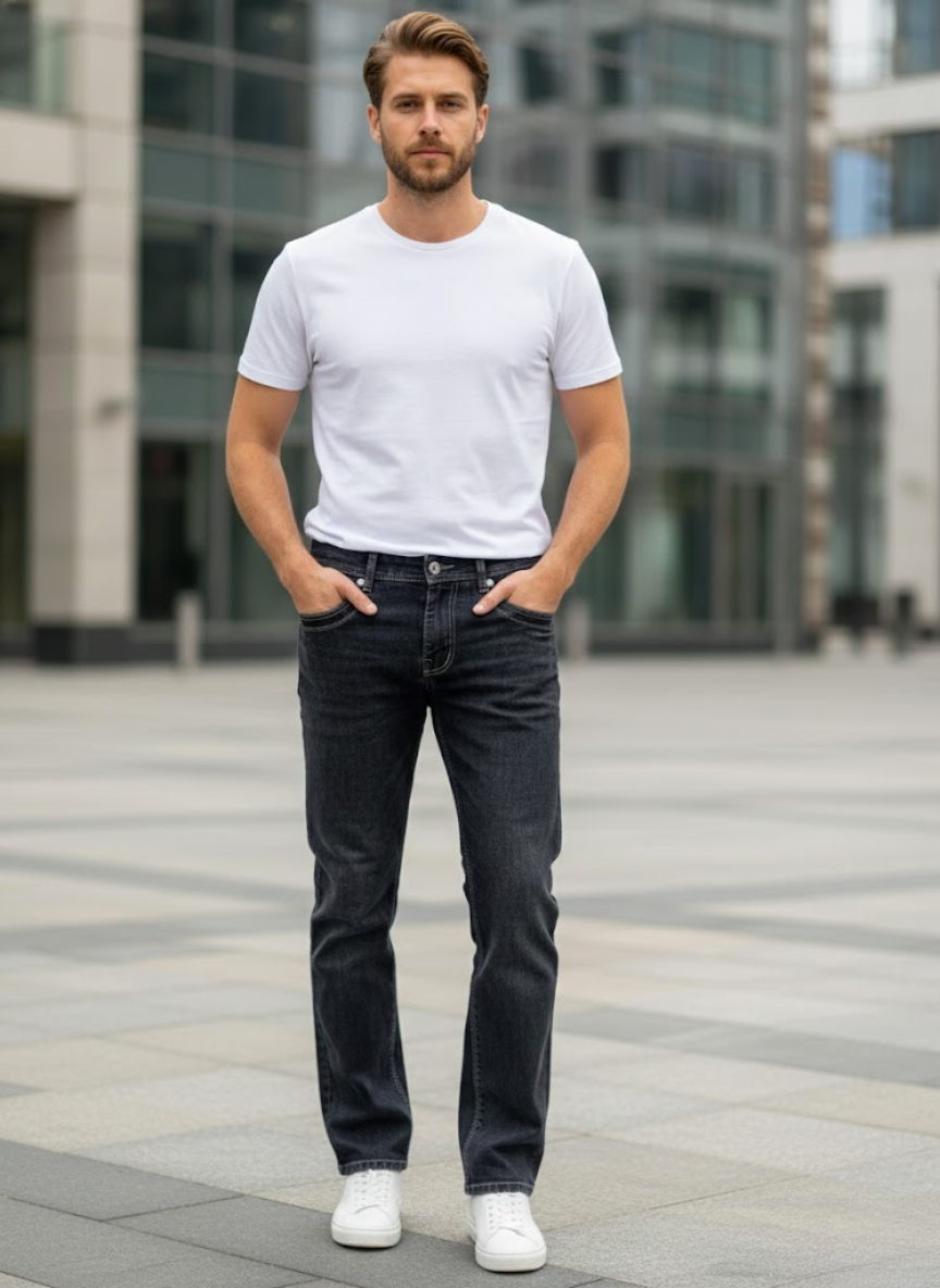 Men’s Charcoal Black Straight Fit Stretch Jeans – Classic Everyday Denim