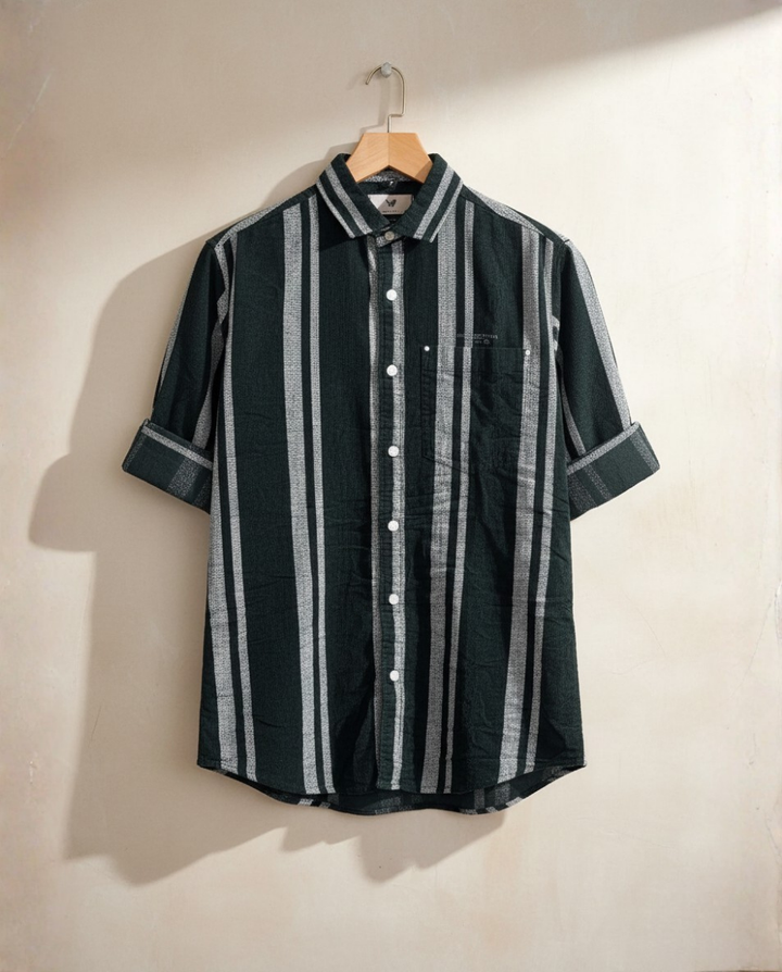 Men’s Deep Green Corduroy Vertical Stripe Shirt  | Premium Casual Statement