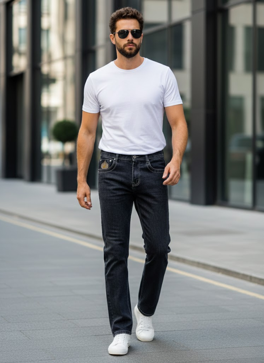 Men’s Charcoal Black Straight Fit Stretch Jeans – Classic Everyday Denim