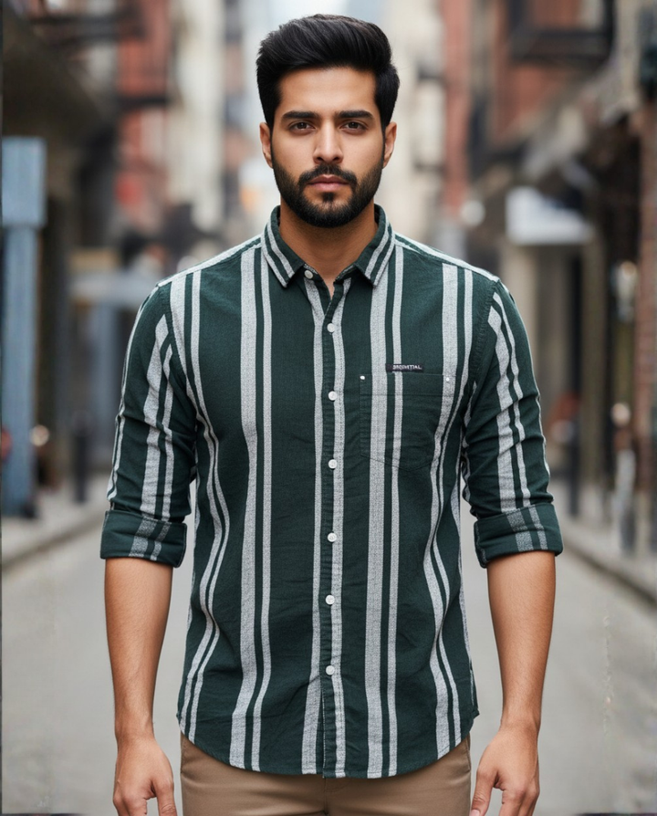 Men’s Deep Green Corduroy Vertical Stripe Shirt  | Premium Casual Statement