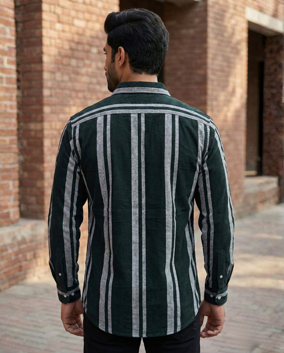 Men’s Deep Green Corduroy Vertical Stripe Shirt  | Premium Casual Statement