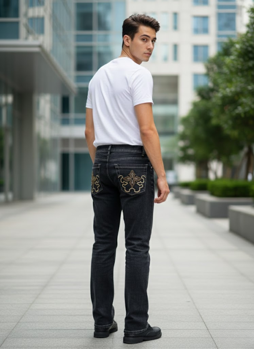 Men’s Charcoal Black Straight Fit Stretch Jeans – Classic Everyday Denim