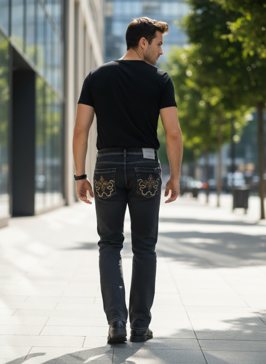 Men’s Charcoal Black Straight Fit Stretch Jeans – Classic Everyday Denim