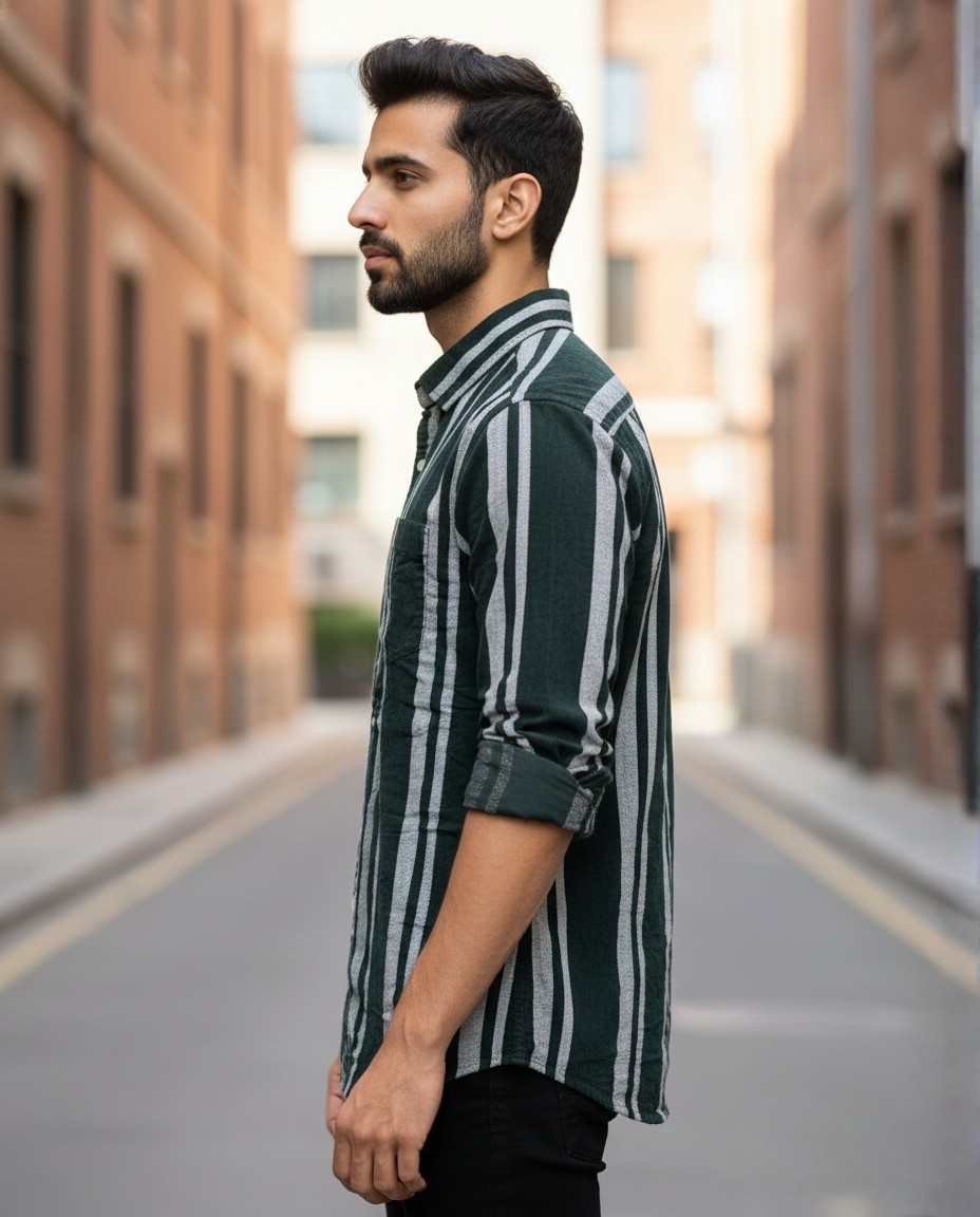 Men’s Deep Green Corduroy Vertical Stripe Shirt  | Premium Casual Statement