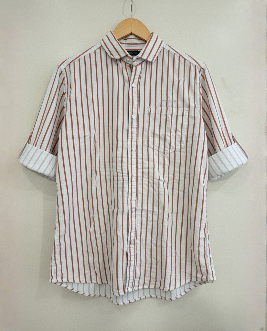 Men’s White Corduroy Vertical Stripe Shirt with Rust Accents | Premium Casual Style