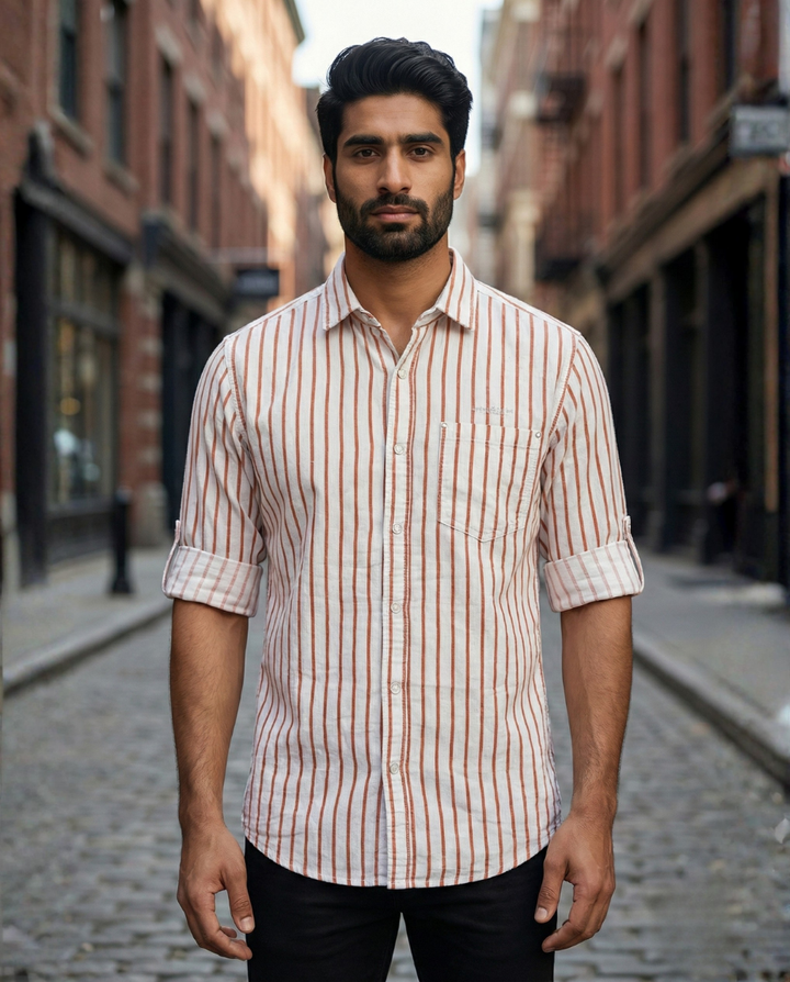 Men’s White Corduroy Vertical Stripe Shirt with Rust Accents | Premium Casual Style