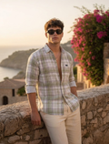 Men's Olive Check Cotton Linen Shirt - Summer Fit Casual Wear