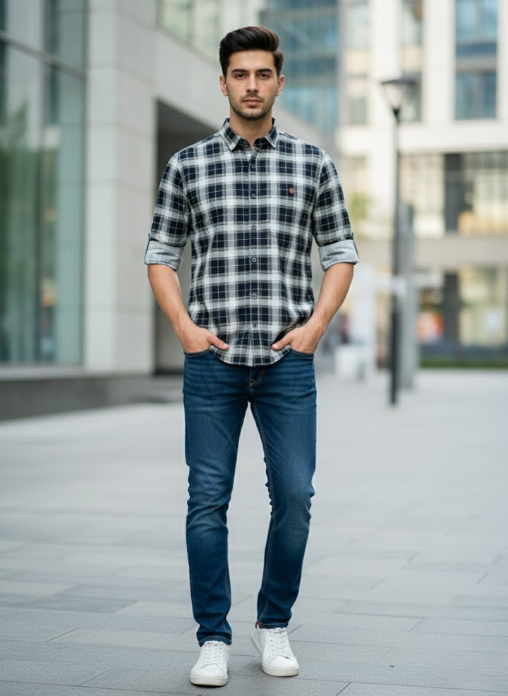 Charcoal Grey Checked Flannel Shirt for Men – Slim Fit Casual Wear