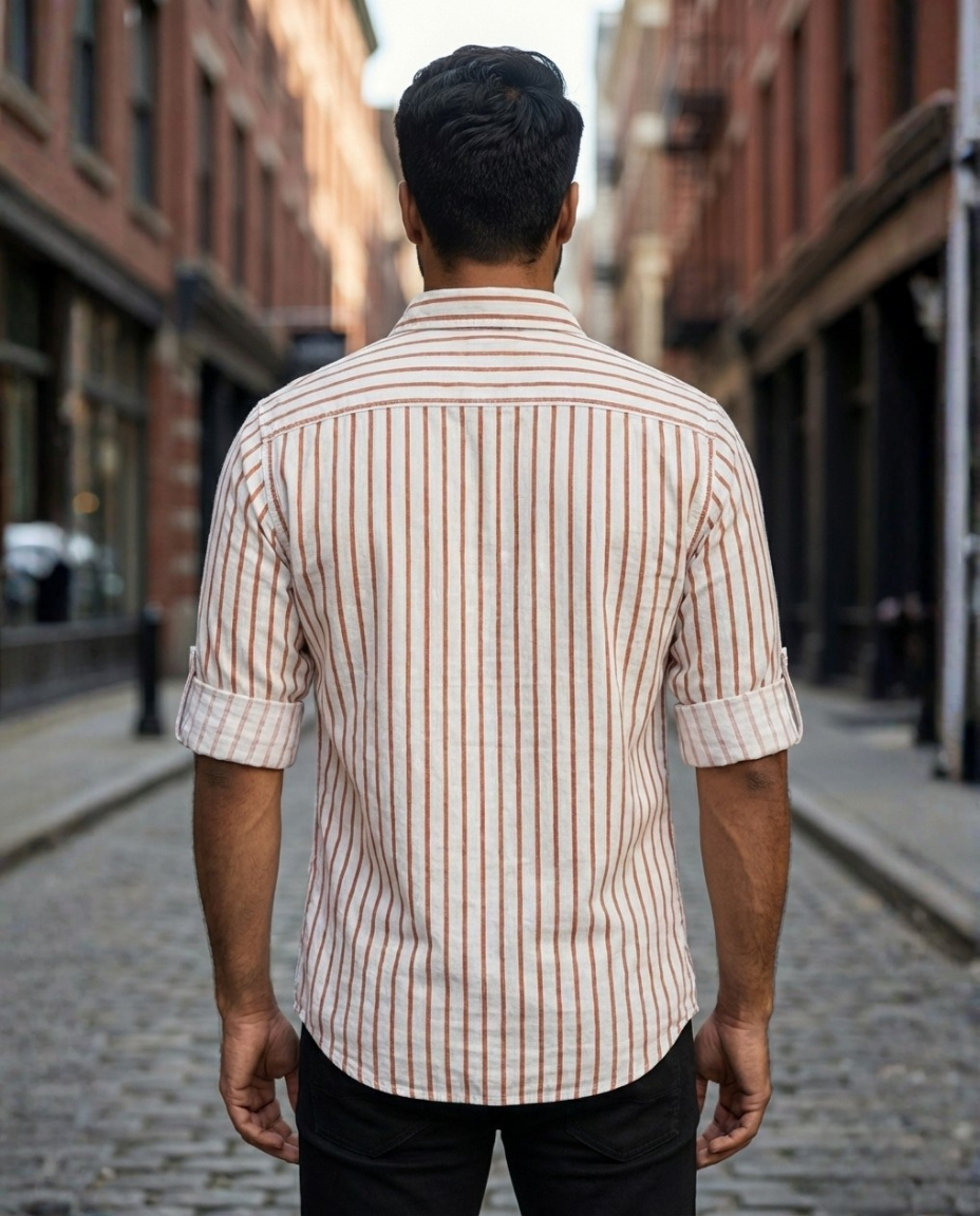 Men’s White Corduroy Vertical Stripe Shirt with Rust Accents | Premium Casual Style