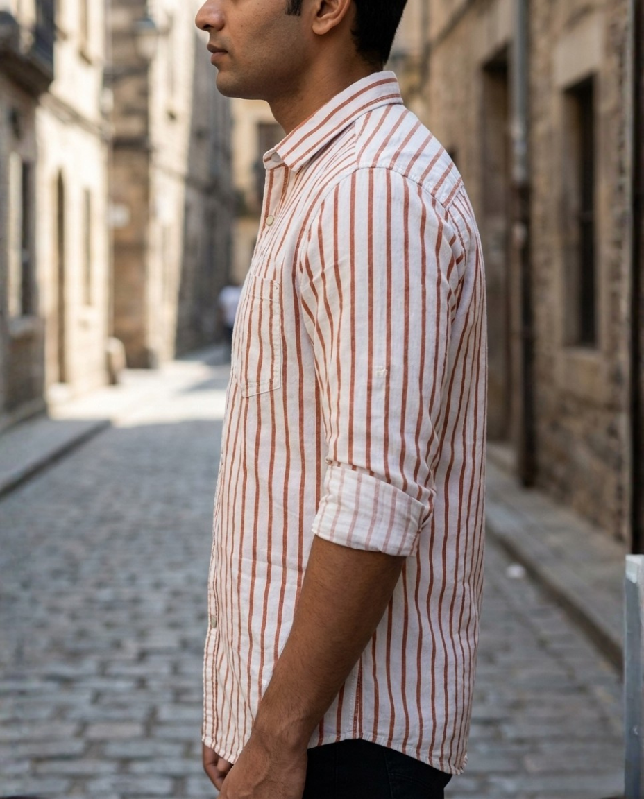 Men’s White Corduroy Vertical Stripe Shirt with Rust Accents | Premium Casual Style