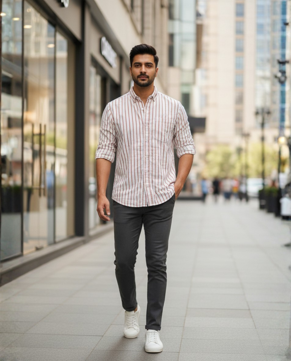 Men’s White Corduroy Vertical Stripe Shirt with Rust Accents | Premium Casual Style