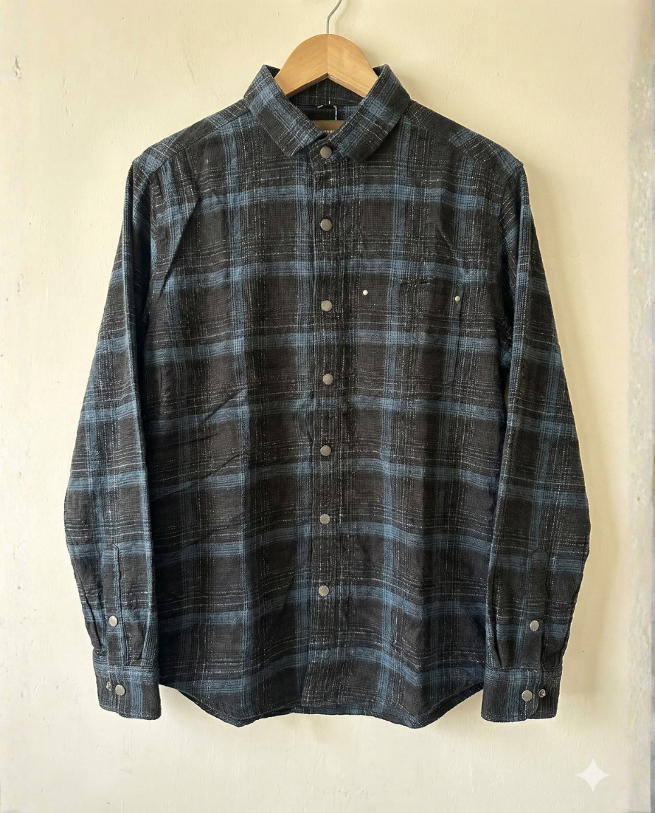 Men’s Midnight Blue Check Shirt with Subtle Texture | Premium Smart Casual Wear