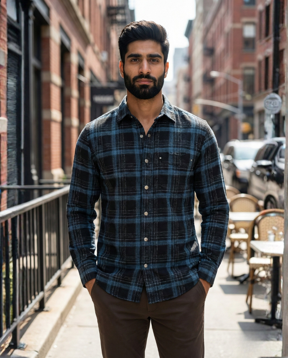Men’s Midnight Blue Check Shirt with Subtle Texture | Premium Smart Casual Wear