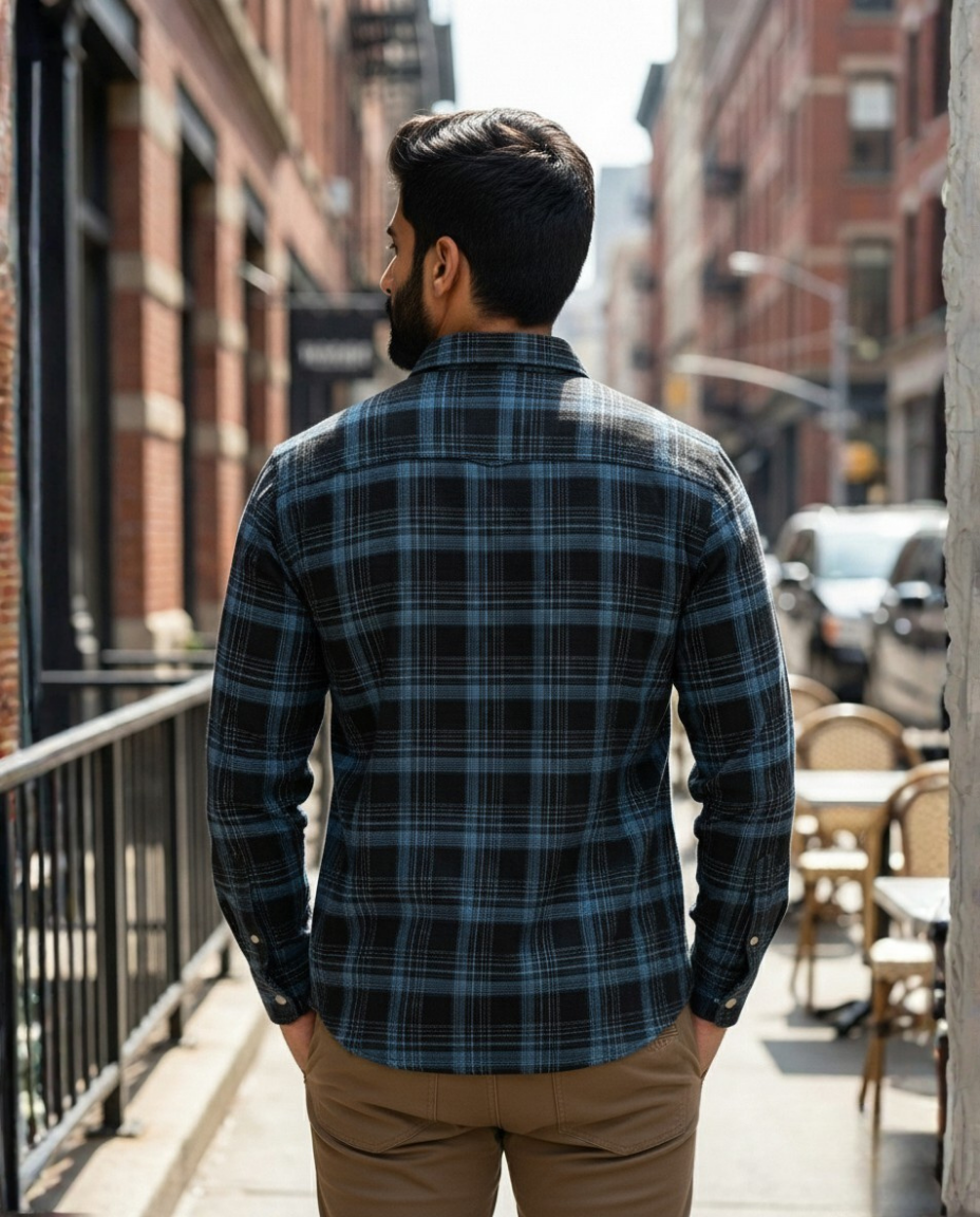 Men’s Midnight Blue Check Shirt with Subtle Texture | Premium Smart Casual Wear