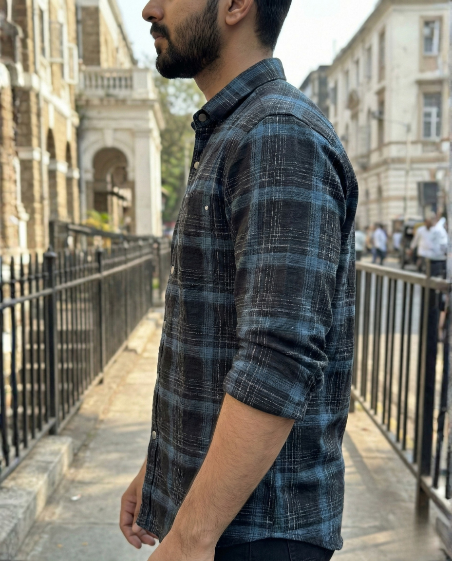 Men’s Midnight Blue Check Shirt with Subtle Texture | Premium Smart Casual Wear