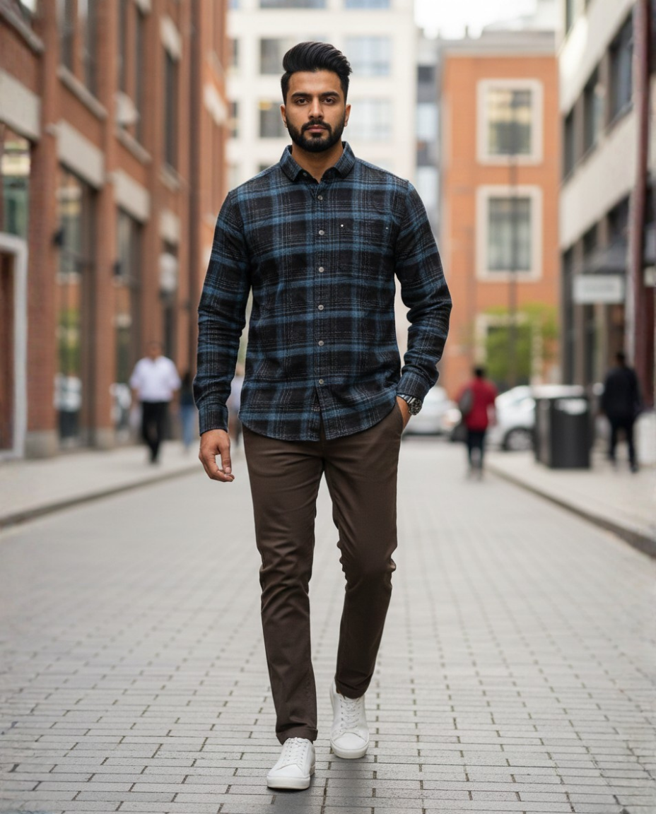 Men’s Midnight Blue Check Shirt with Subtle Texture | Premium Smart Casual Wear