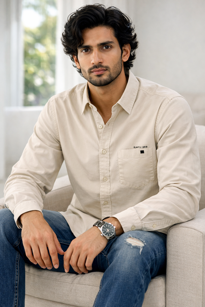 Men’s Light Beige Cotton Slim Fit Casual Shirt