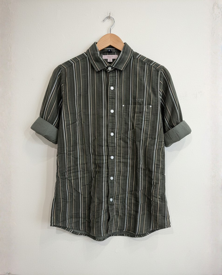 Men’s Olive Green Corduroy Vertical Stripe Shirt with Rolled Sleeves | Premium Everyday Wear
