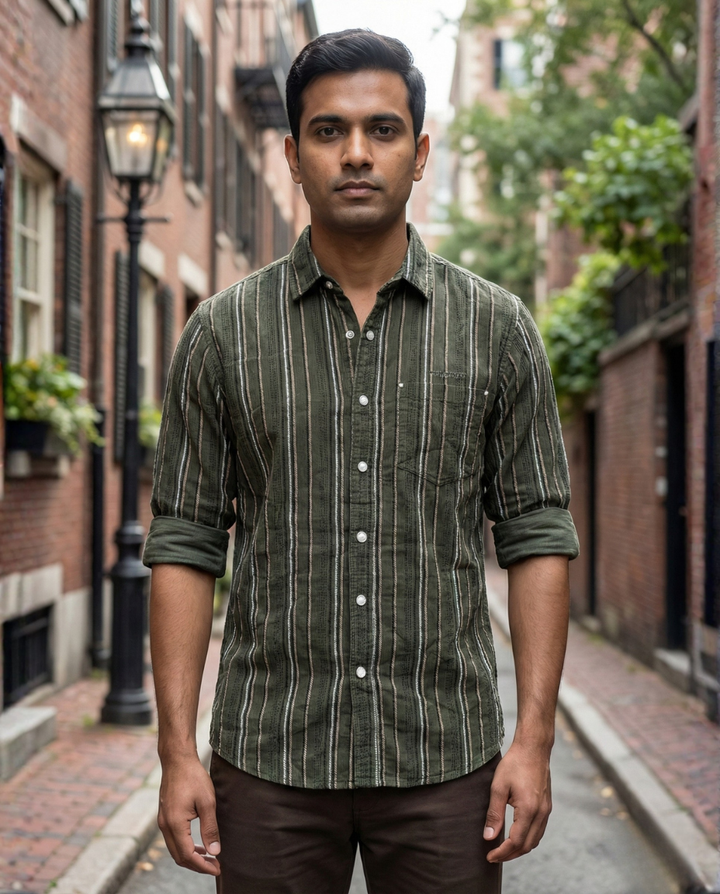 Men’s Olive Green Corduroy Vertical Stripe Shirt with Rolled Sleeves | Premium Everyday Wear